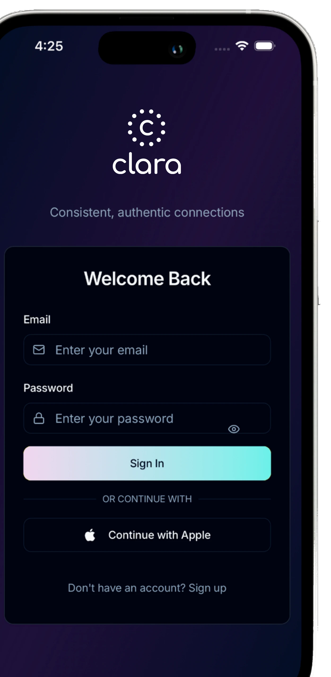 Clara app sign-in screen on an iPhone