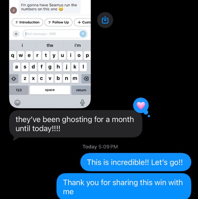 Text conversation showing a ghosting lead re-engaged